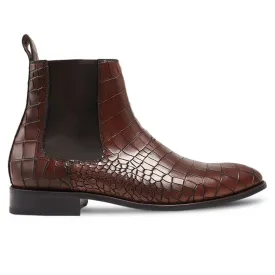 Handmade Customisable Crocodile Pattern Leather Dark Brown Chelsea Boots For Men