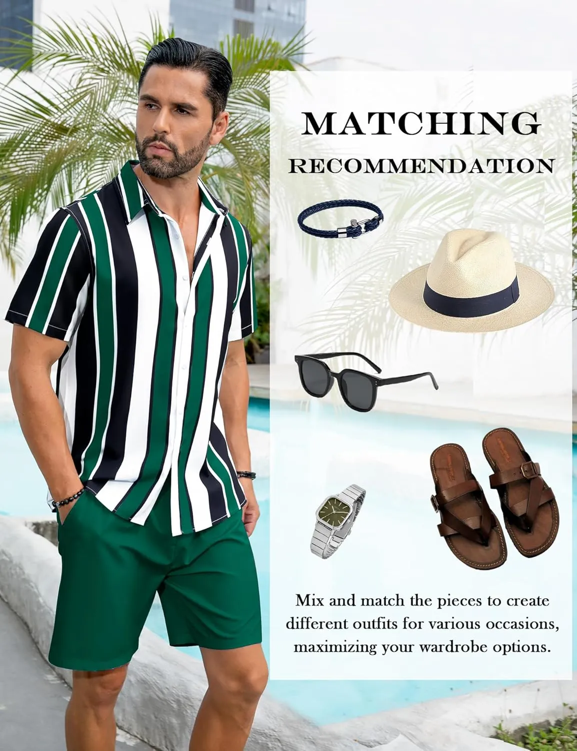 LecGee Men's Hawaiian Shirt Set Tropical Print Striped Button Down Hawaiian Shirt and Shorts 2 Piece Outfits