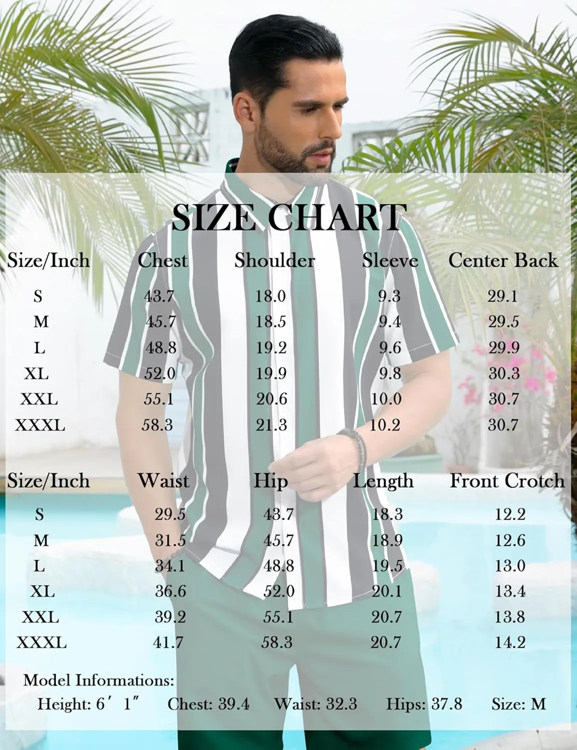 LecGee Men's Hawaiian Shirt Set Tropical Print Striped Button Down Hawaiian Shirt and Shorts 2 Piece Outfits