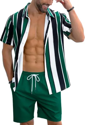 LecGee Men's Hawaiian Shirt Set Tropical Print Striped Button Down Hawaiian Shirt and Shorts 2 Piece Outfits