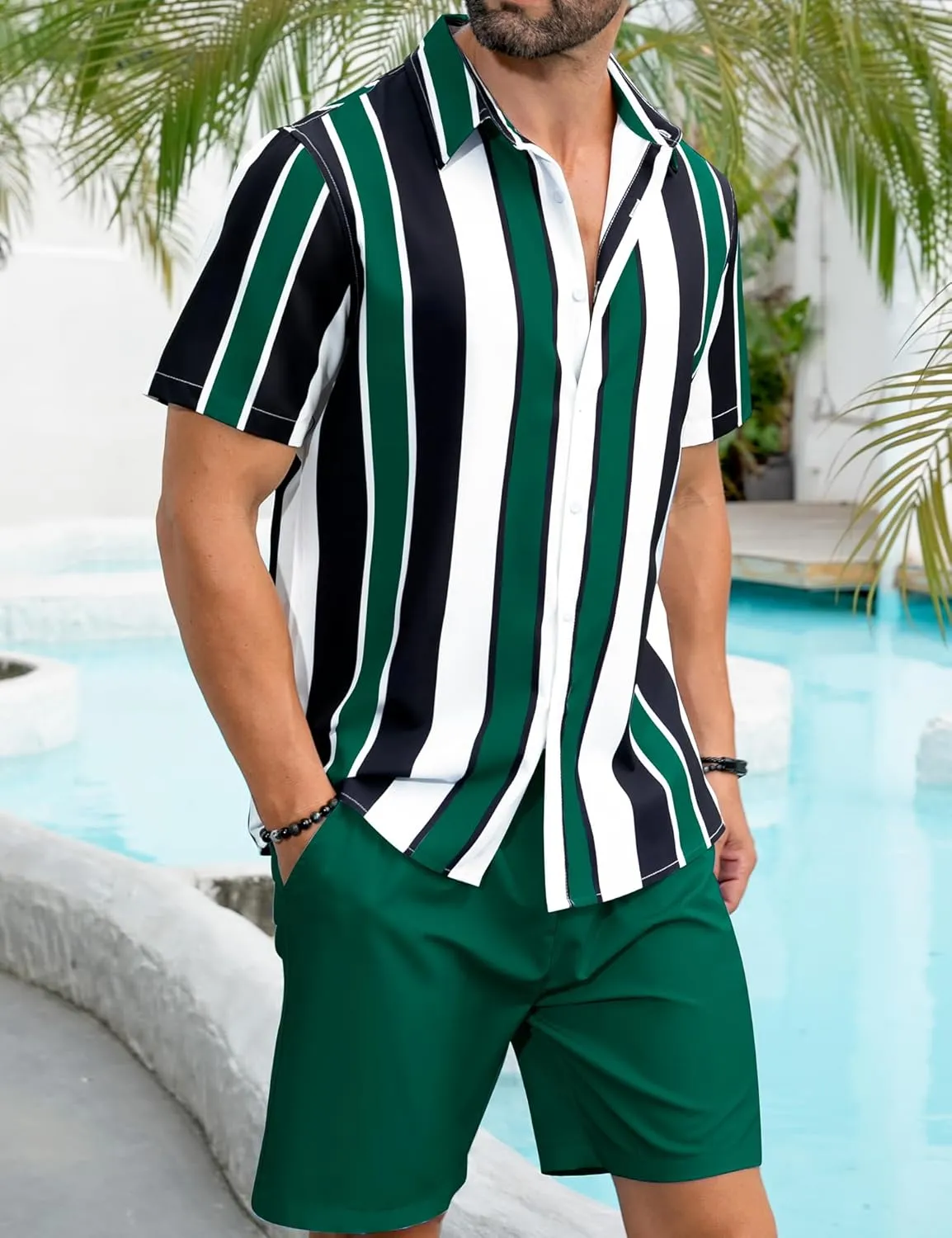 LecGee Men's Hawaiian Shirt Set Tropical Print Striped Button Down Hawaiian Shirt and Shorts 2 Piece Outfits