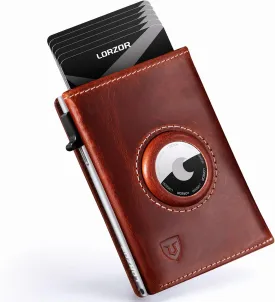 LORZOR AirTag Wallet - Full Grain Leather, Mens Minimalist Wallet with Apple Air Tag Holder, Slim Smart Pop up Card Case, ID Window, RFID Blocking, Front Pocket (AirTag Not Included)