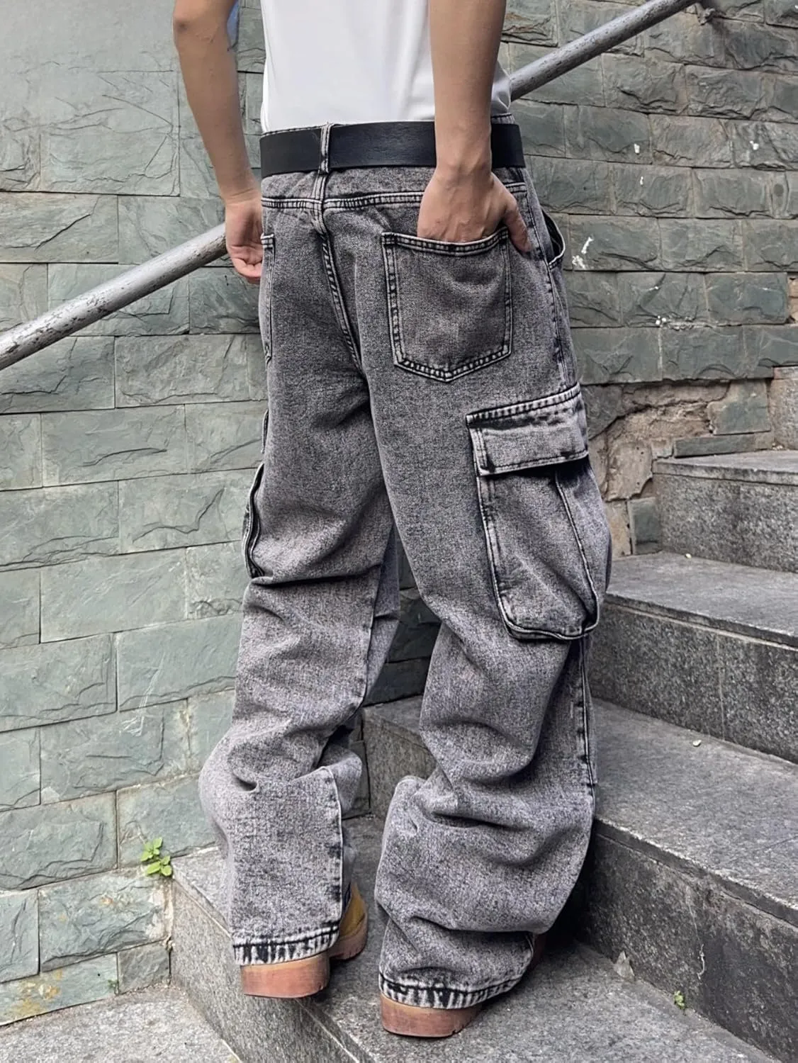 Mens Denim Baggy Pants with Cargo Pockets Mid Weight Casual Streetwear Wide Leg Jeans Hip Hop Skater Trousers