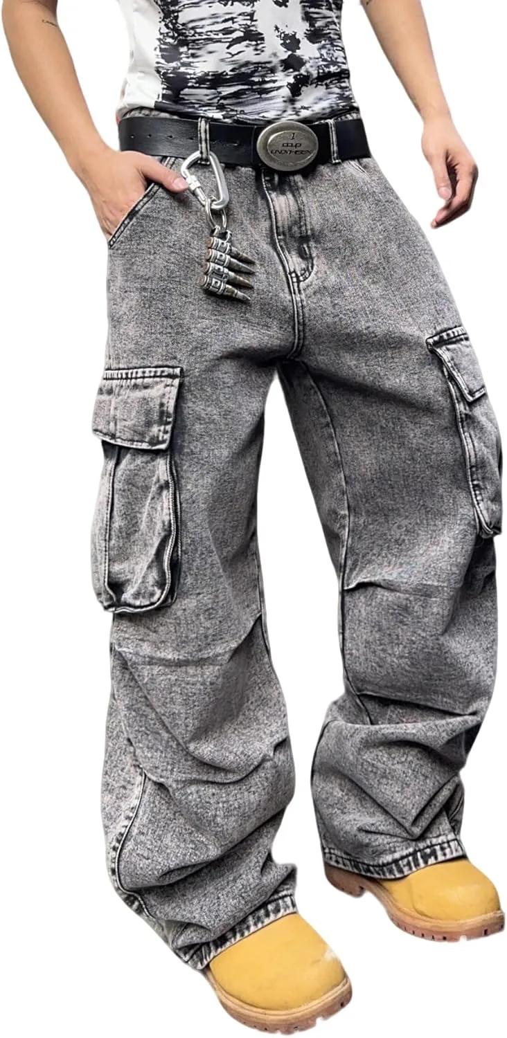 Mens Denim Baggy Pants with Cargo Pockets Mid Weight Casual Streetwear Wide Leg Jeans Hip Hop Skater Trousers