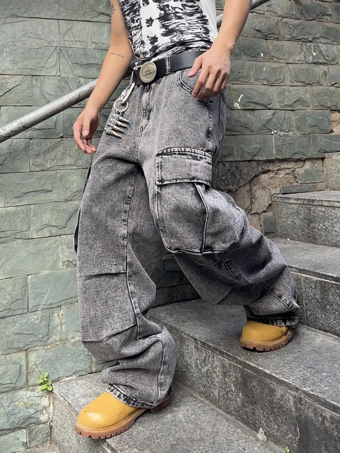Mens Denim Baggy Pants with Cargo Pockets Mid Weight Casual Streetwear Wide Leg Jeans Hip Hop Skater Trousers