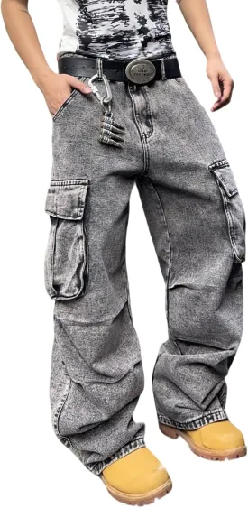 Mens Denim Baggy Pants with Cargo Pockets Mid Weight Casual Streetwear Wide Leg Jeans Hip Hop Skater Trousers