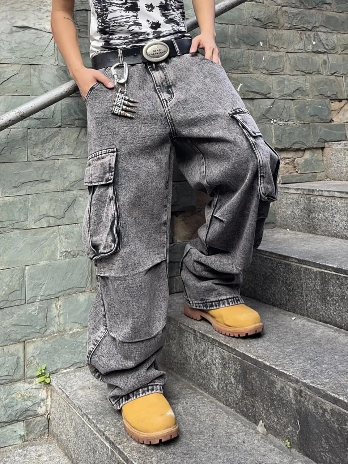 Mens Denim Baggy Pants with Cargo Pockets Mid Weight Casual Streetwear Wide Leg Jeans Hip Hop Skater Trousers