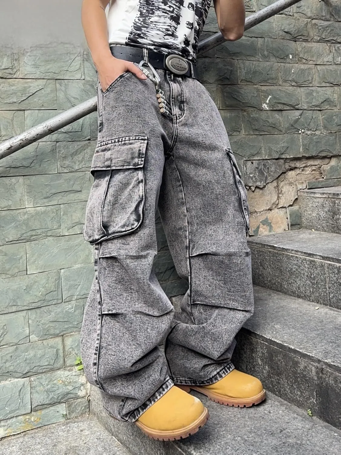 Mens Denim Baggy Pants with Cargo Pockets Mid Weight Casual Streetwear Wide Leg Jeans Hip Hop Skater Trousers