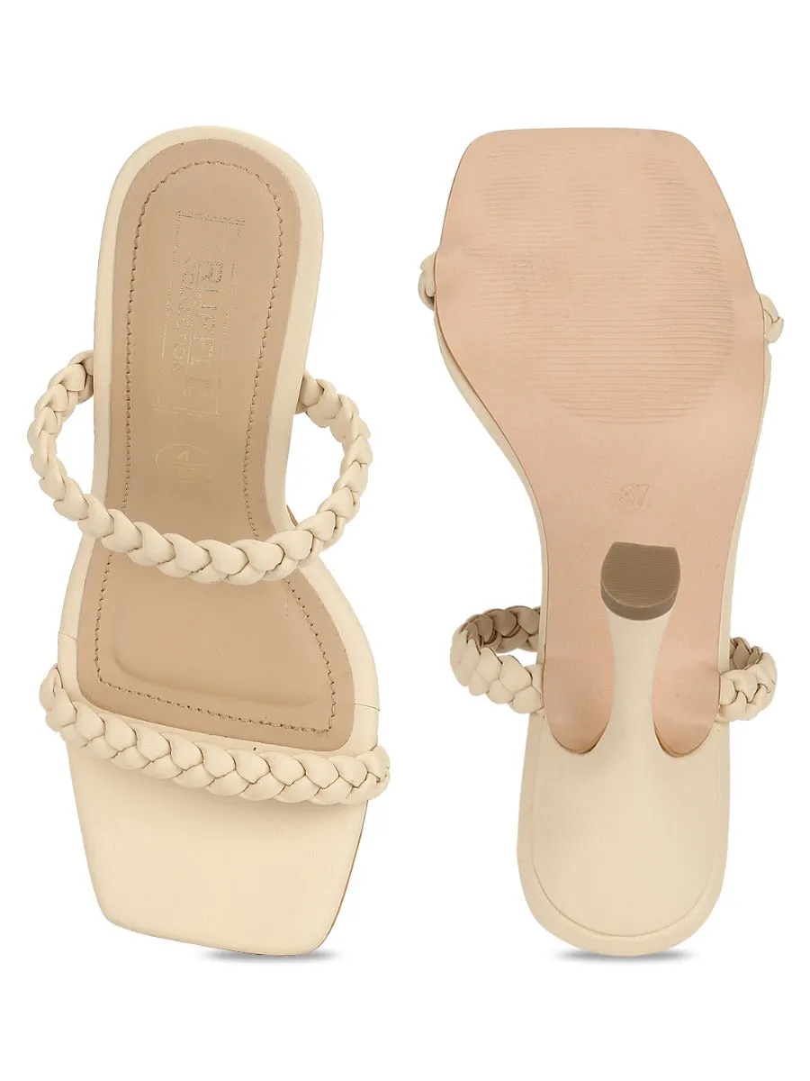 Nude PU Stiletto Heel Braided Mules