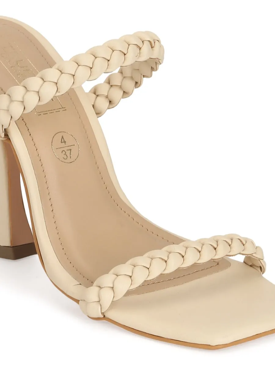 Nude PU Stiletto Heel Braided Mules