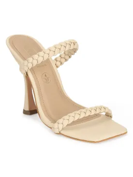 Nude PU Stiletto Heel Braided Mules