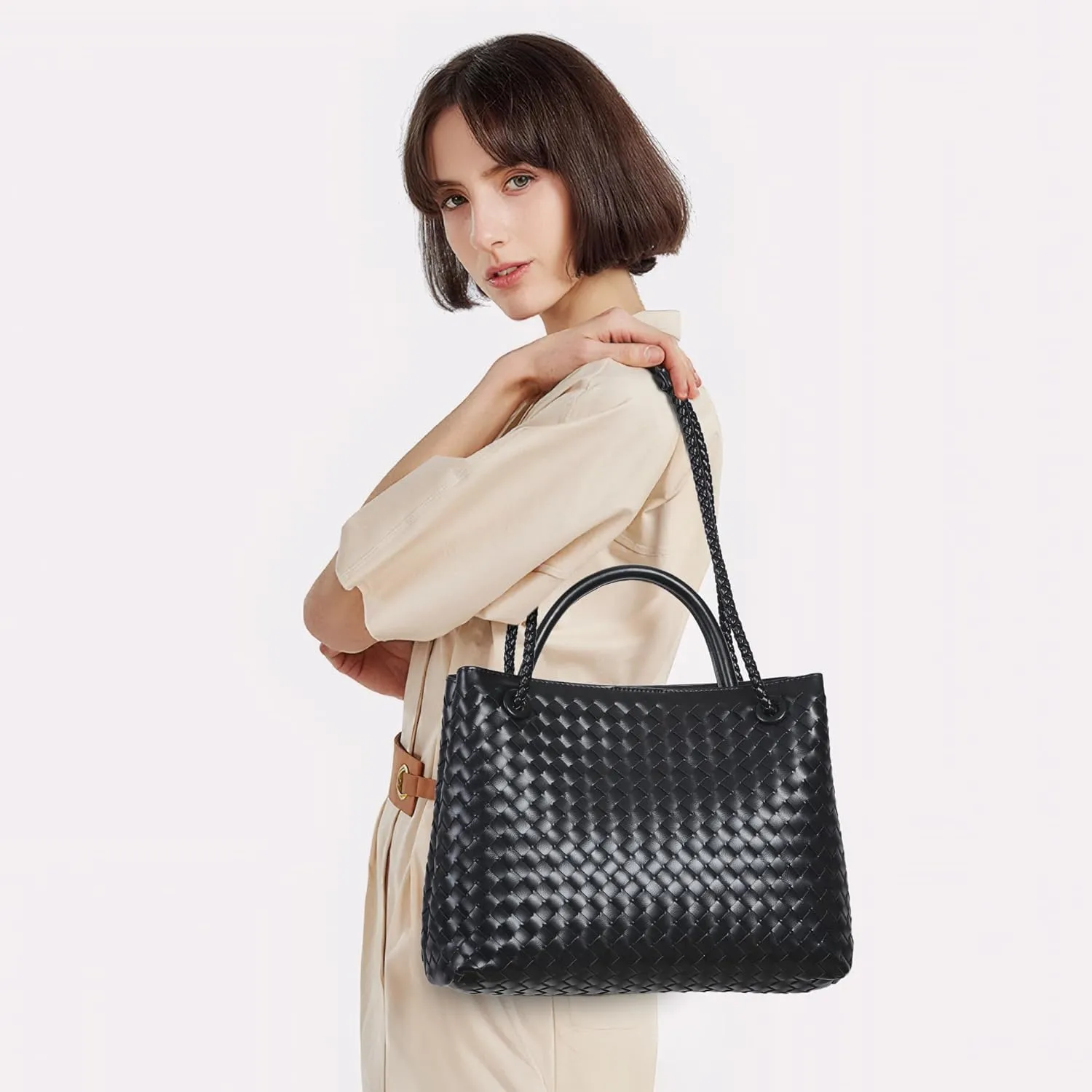 Woven Tote Bag for Women Crossbody Handbag,Vegan Leather Large Tote Purse,Trendy Satchel Handbag Bowknot Shoulder Bag