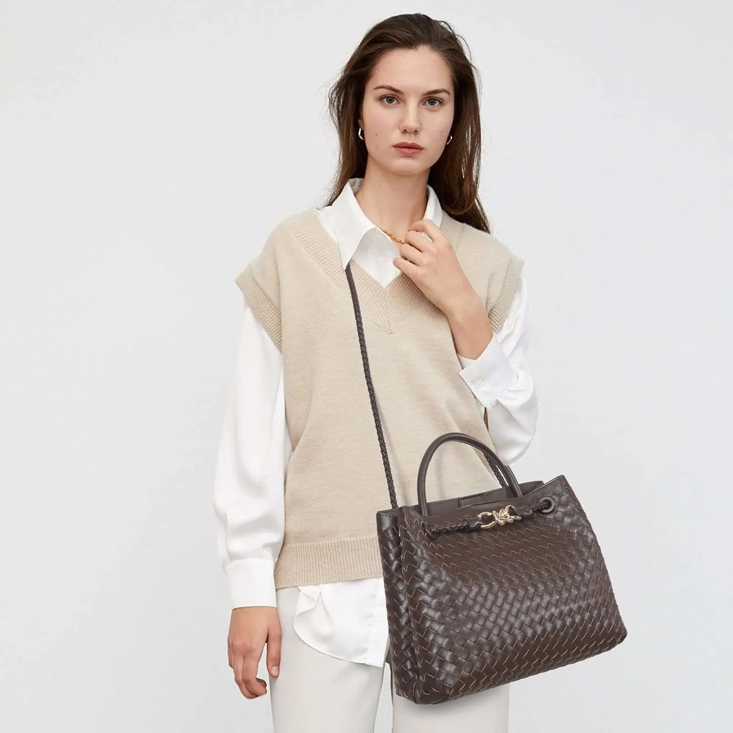 Woven Tote Bag for Women Crossbody Handbag,Vegan Leather Large Tote Purse,Trendy Satchel Handbag Bowknot Shoulder Bag
