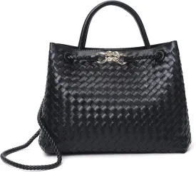 Woven Tote Bag for Women Crossbody Handbag,Vegan Leather Large Tote Purse,Trendy Satchel Handbag Bowknot Shoulder Bag