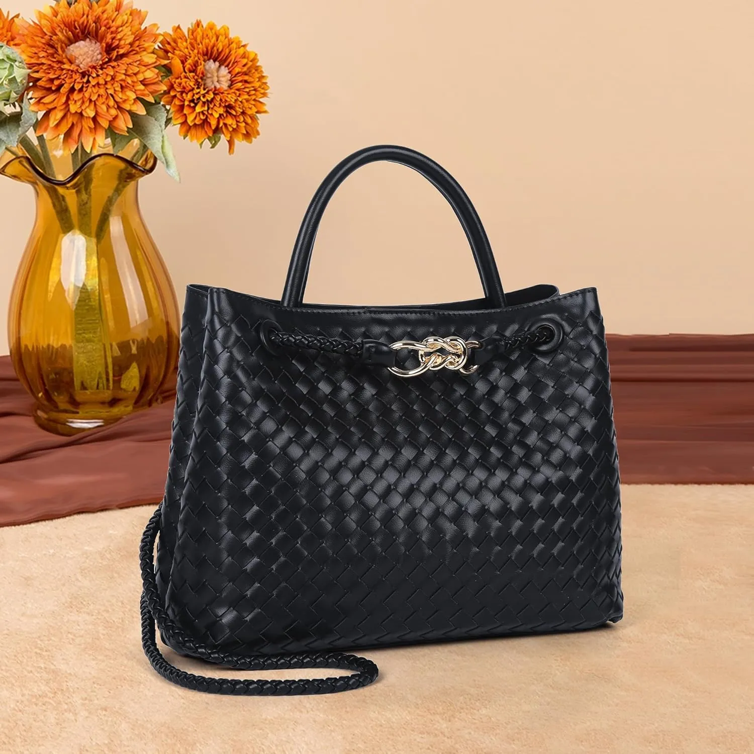 Woven Tote Bag for Women Crossbody Handbag,Vegan Leather Large Tote Purse,Trendy Satchel Handbag Bowknot Shoulder Bag